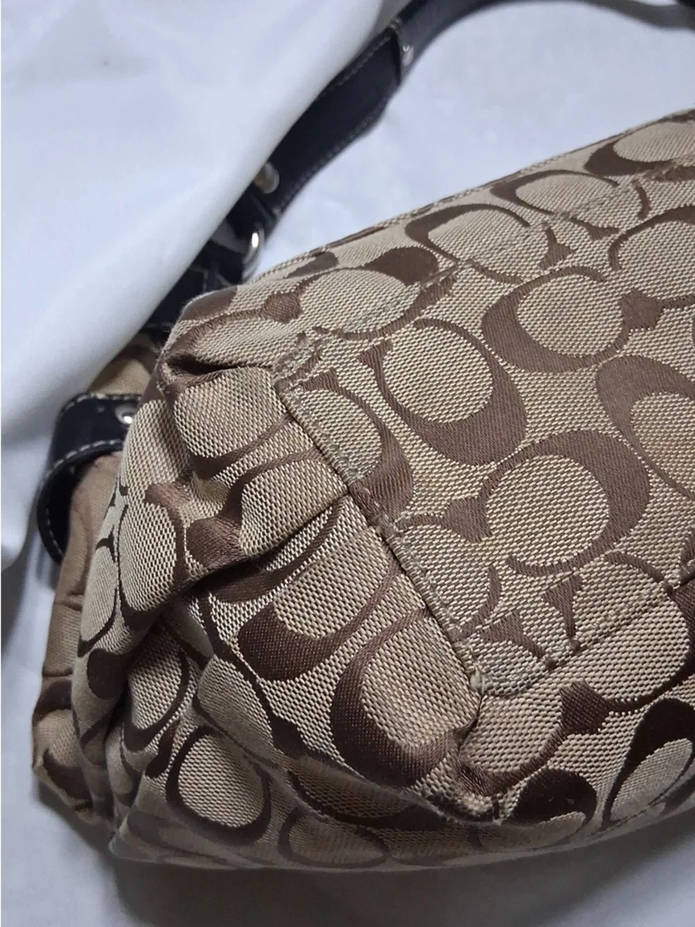 COACH Penelope Signature Hobo Canvas Bag Tan Brown with Black Handle and Trim